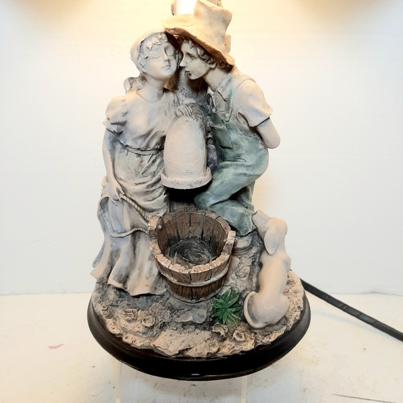 Vintage 6 Panel Relief Shade Boy/Girl/Dog at Waterpump Novelty Lamp. - Picture 3 of 11